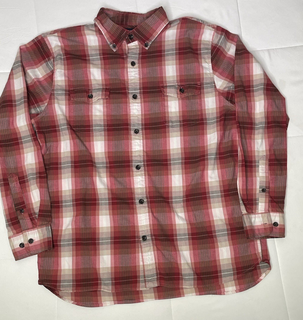 Lands End Mens Large 16 16.5 Tailored Fit Red Plaid Long Sleeve Button Up Shirt